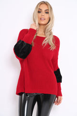 Red Chunky Knit With Black Fur Sleeve Jumper - Kimberly