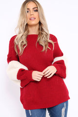 Red Chunky Knit Fur Sleeve Jumper - Kimberly