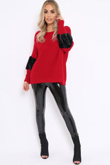 Red Chunky Knit With Black Fur Sleeve Jumper - Kimberly