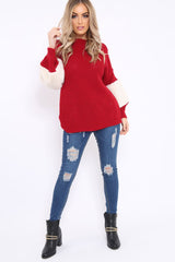 Red Chunky Knit Fur Sleeve Jumper - Kimberly