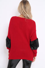 Red Chunky Knit With Black Fur Sleeve Jumper - Kimberly