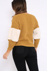 Mustard Chunky Knit Cream Fur Sleeve Jumper - Kimberly