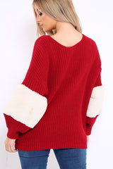 Red Chunky Knit Fur Sleeve Jumper - Kimberly