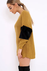 Mustard Chunky Knit Fur Sleeve Jumper - Kimberly