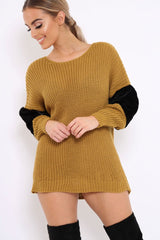 Mustard Chunky Knit Fur Sleeve Jumper - Kimberly