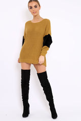 Mustard Chunky Knit Fur Sleeve Jumper - Kimberly