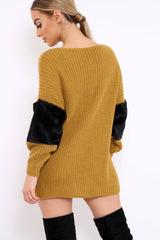 Mustard Chunky Knit Fur Sleeve Jumper - Kimberly