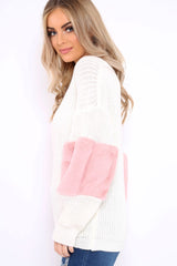 White Chunky Knit Fur Sleeve Jumper - Kimberly