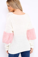 White Chunky Knit Fur Sleeve Jumper - Kimberly