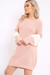 Rose Chunky Knit Fur Sleeve Jumper Dress - Jaycee