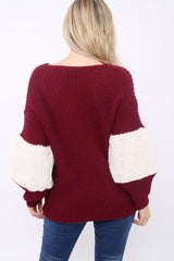 Wine Chunky Knit Fur Sleeve Jumper - Kimberly