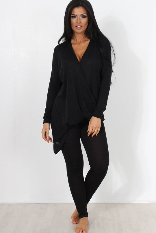 Black V Neck Loungewear Set-Kimi