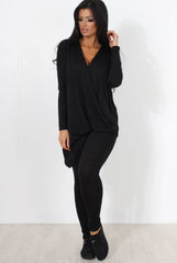 Black V Neck Loungewear Set-Kimi