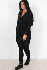 Black V Neck Loungewear Set-Kimi