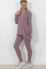 Dark Pink V Neck Loungewear Set-Kimi