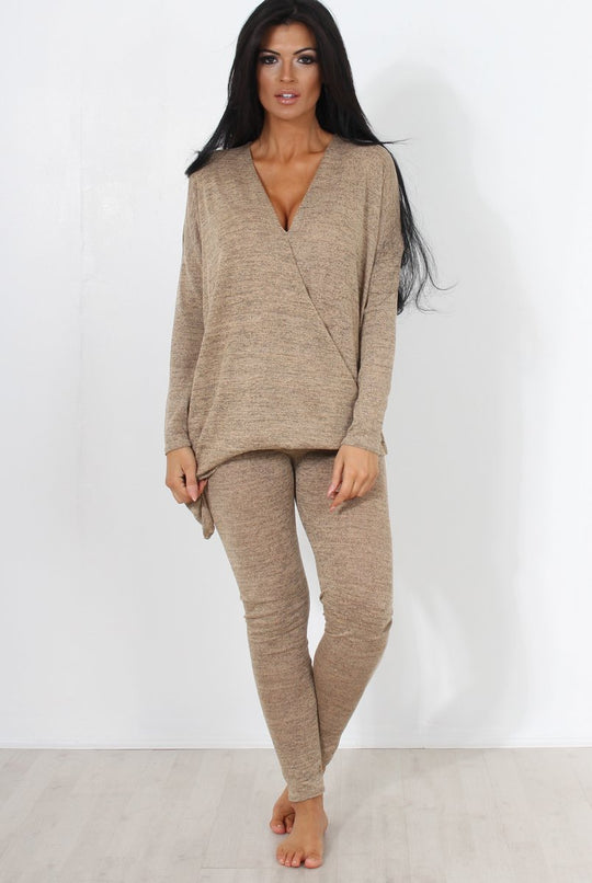 Camel V Neck Asymmetric Loungewear Set-Kimi