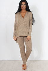 Camel V Neck Asymmetric Loungewear Set-Kimi
