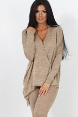 Camel V Neck Asymmetric Loungewear Set-Kimi