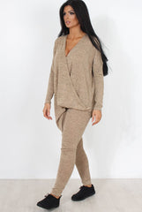 Camel V Neck Asymmetric Loungewear Set-Kimi