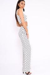 White Polka Dot Crop Top and Trousers Co-ord Set - Kimmy