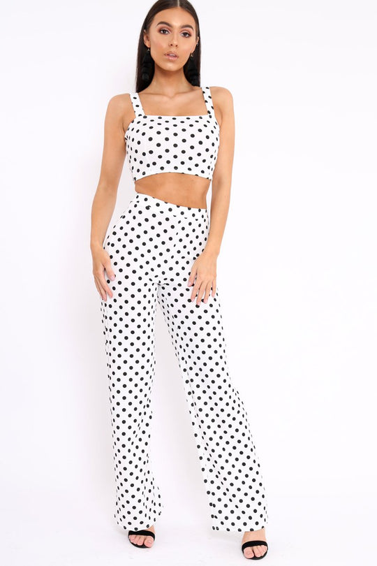 White Polka Dot Crop Top and Trousers Co-ord Set - Kimmy
