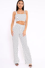 White Polka Dot Crop Top and Trousers Co-ord Set - Kimmy