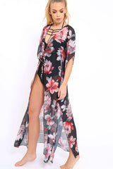 Pink Floral Print Long Kimono - Vonda