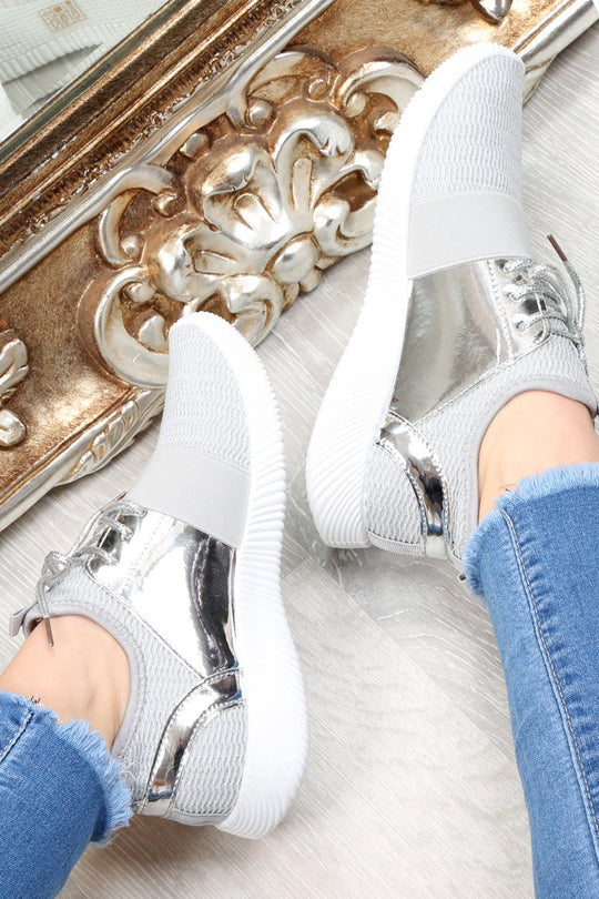 Silver Metallic Lace Up Trainers - Kenly