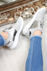 Silver Metallic Lace Up Trainers - Kenly