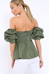 Khaki Sweet Heart Bardot Top with Ruched Sleeves - Kinza