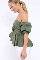 Khaki Sweet Heart Bardot Top with Ruched Sleeves - Kinza