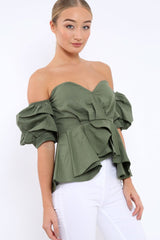 Khaki Sweet Heart Bardot Top with Ruched Sleeves - Kinza
