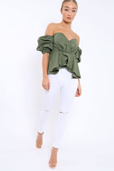 Khaki Sweet Heart Bardot Top with Ruched Sleeves - Kinza