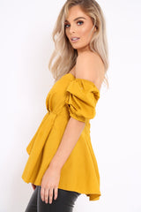 Mustard Sweet Heart Bardot Top with Ruched Sleeves - Kinza