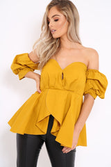 Mustard Sweet Heart Bardot Top with Ruched Sleeves - Kinza
