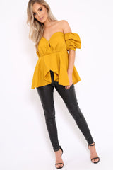 Mustard Sweet Heart Bardot Top with Ruched Sleeves - Kinza