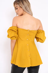 Mustard Sweet Heart Bardot Top with Ruched Sleeves - Kinza