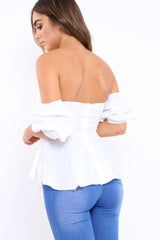 White Sweet Heart Bardot Top with Ruched Sleeves - Kinza