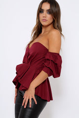 Wine Sweet Heart Bardot Top with Ruched Sleeves - Kinza
