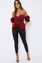 Wine Sweet Heart Bardot Top with Ruched Sleeves - Kinza