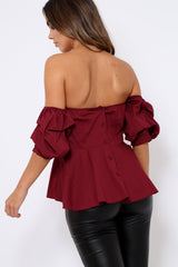 Wine Sweet Heart Bardot Top with Ruched Sleeves - Kinza