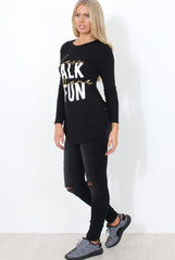 Kari Black Slogan Curved Hem Top