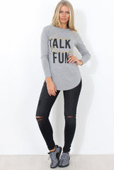 Kari Grey Slogan Curved Hem Top