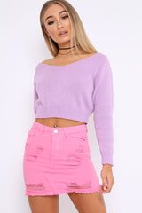 Lilac V Neck Off Shoulder Knitted Cropped Jumper - Kirby