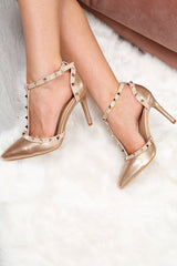 Rose Gold Studded T-Bar Court Heels - Kiri