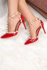 Red and Beige Studded T-Bar Court Heels - Kiri