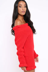 Red Knitted Bardot Jumper Dress with Elasticated hems - Kirsty
