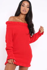 Red Knitted Bardot Jumper Dress with Elasticated hems - Kirsty