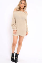 Beige Knitted Bardot Jumper Dress with Elasticated hems - Kirsty