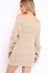 Beige Knitted Bardot Jumper Dress with Elasticated hems - Kirsty